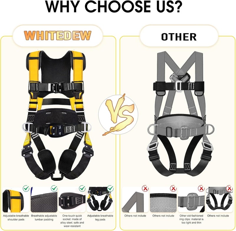 Whitedew Fall Protection Premium Safety Harness with Shock Absorbing Lanyard, Vented & Padded Shoulder, Legs & Back - Upgrade 4 Quick Buckles (Yellow) - Image 4